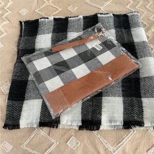 Infinity scarf and Black and White Buffalo Plaid Wristlet with Brown Trim